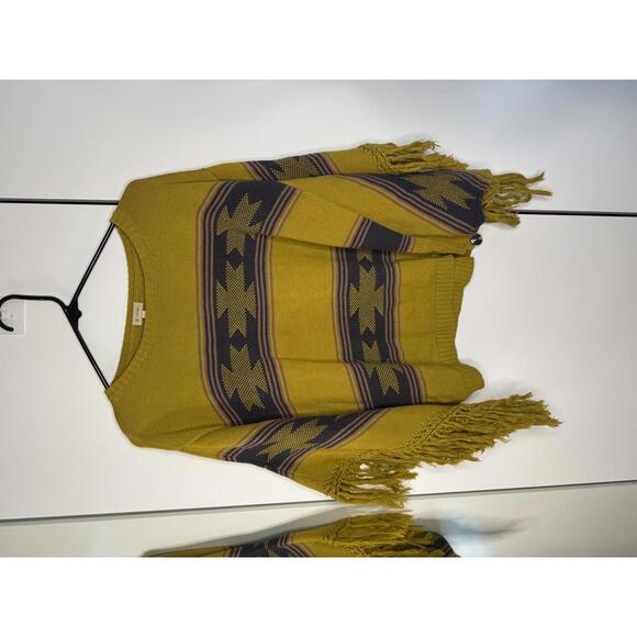 Cremieux Mustard Yellow Cotton Poncho Sweater with Fringe - Picture 1 of 4